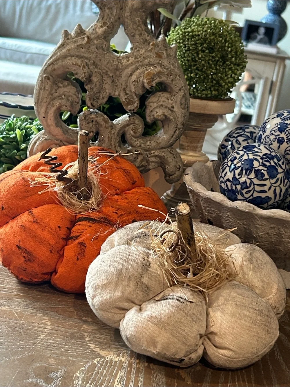 NEW! Fall Harvest Creamy White & Orange Country Farmhouse Pillow Pumpkin Set
